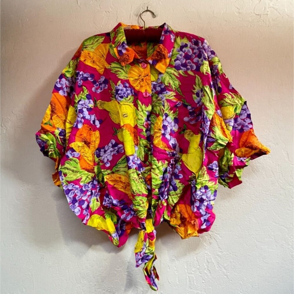 Indy Go Kenar Womens Button Down Printed Tie-Front Silk Boxy Top Blouse Shirt